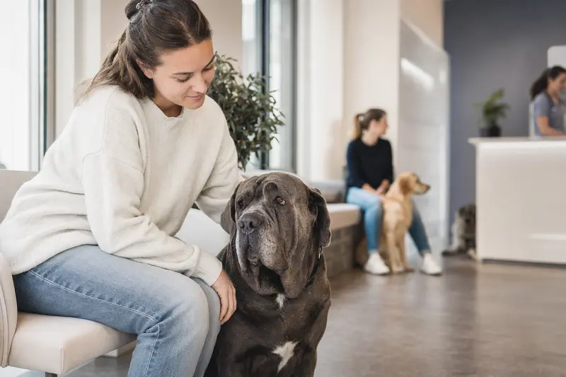 Ein Napoletano Hund sitzt ruhig neben seinem Besitzer im hellen Wartezimmer einer modernen Tierarztpraxis.